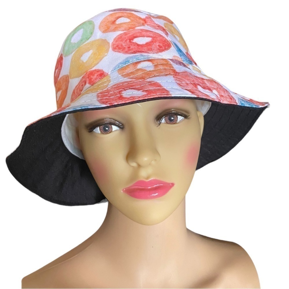 Colorful Printed  Bucket Hat Festive Fun Fruit Loop Bucket Hat w Sweatband NWOT - Picture 2 of 9